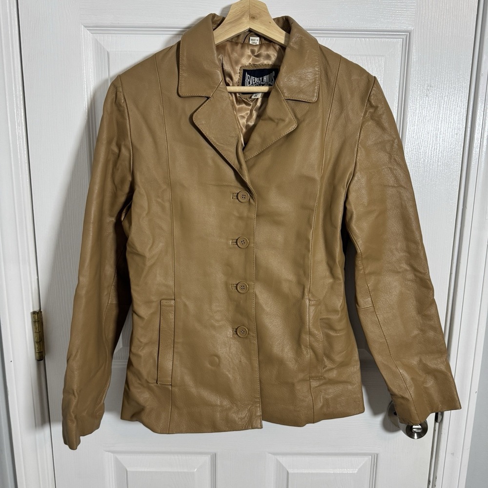 Beverly Hills Women's S Genuine Leather Blazer Jacket Tan Brown 4 Button